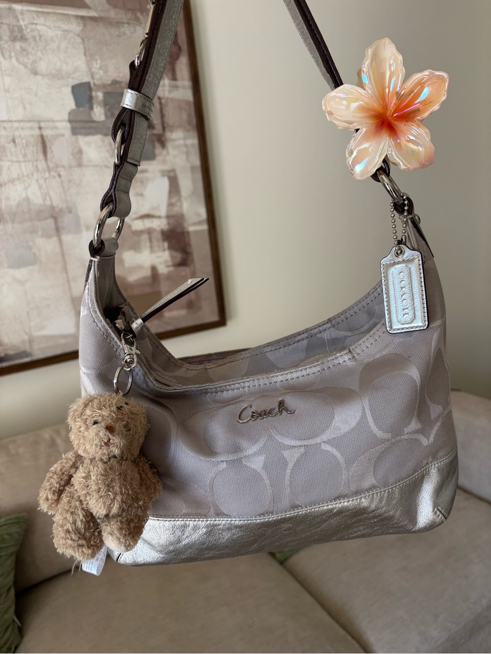 Coach Silver & Gray Signature Hobo Shoulder Bag
